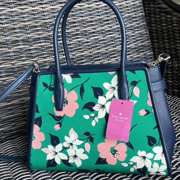 Kate Spade Lucia Lily Blooms Medium Satchel Green Multi - Picture 2 of 16
